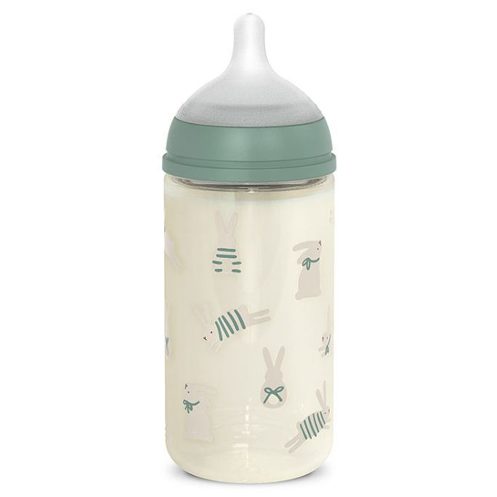 Suavinex Wonder Biberon In Vetro Tettarella In Silicone Flusso Medio Coniglio Verde 240 ml 3+ Mesi