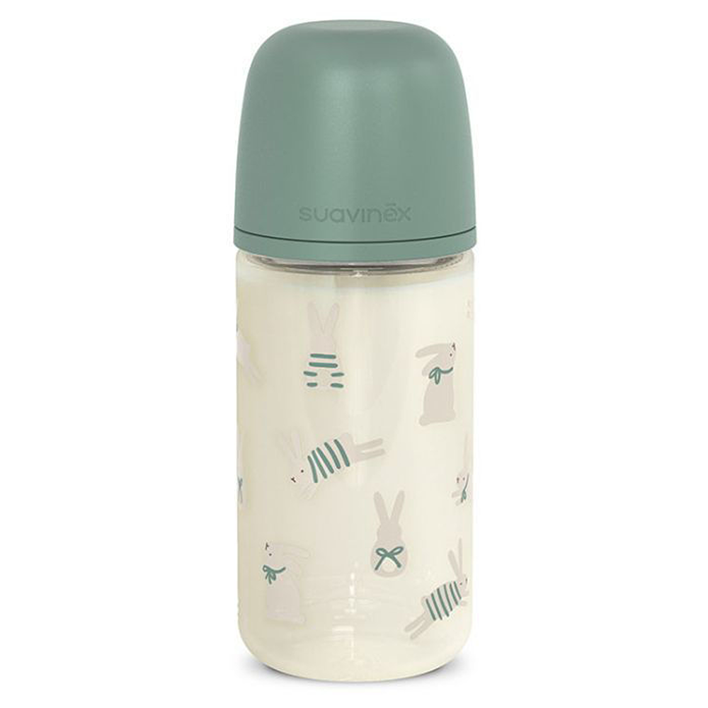 Suavinex Wonder Biberon In Vetro Tettarella In Silicone Flusso Medio Coniglio Verde 240 ml 3+ Mesi