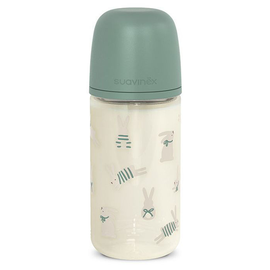 Suavinex Wonder Biberon In Vetro Tettarella In Silicone Flusso Medio Coniglio Verde 240 ml 3+ Mesi