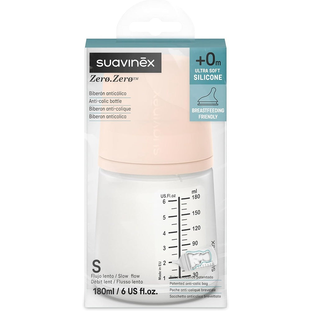 Suavinex Zero.Zero Biberon Anti-Coliche Tettarella In Silicone 180 ml Flusso Lento (S) Fair 0+ Mesi