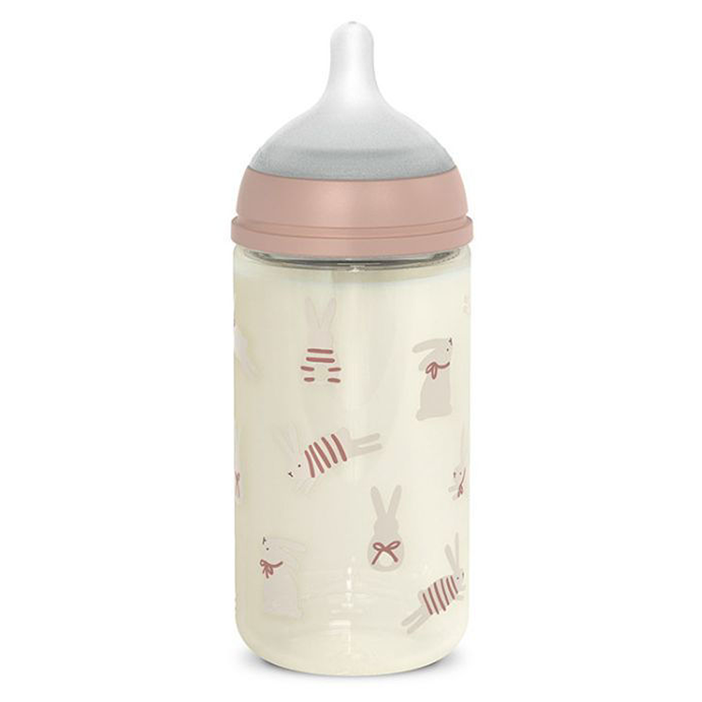 Suavinex Wonder Biberon In Vetro Tettarella In Silicone Flusso Medio Coniglio Rosa 240 ml 3+ Mesi