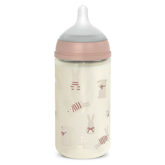 Suavinex Wonder Biberon In Vetro Tettarella In Silicone Flusso Medio Coniglio Rosa 240 ml 3+ Mesi