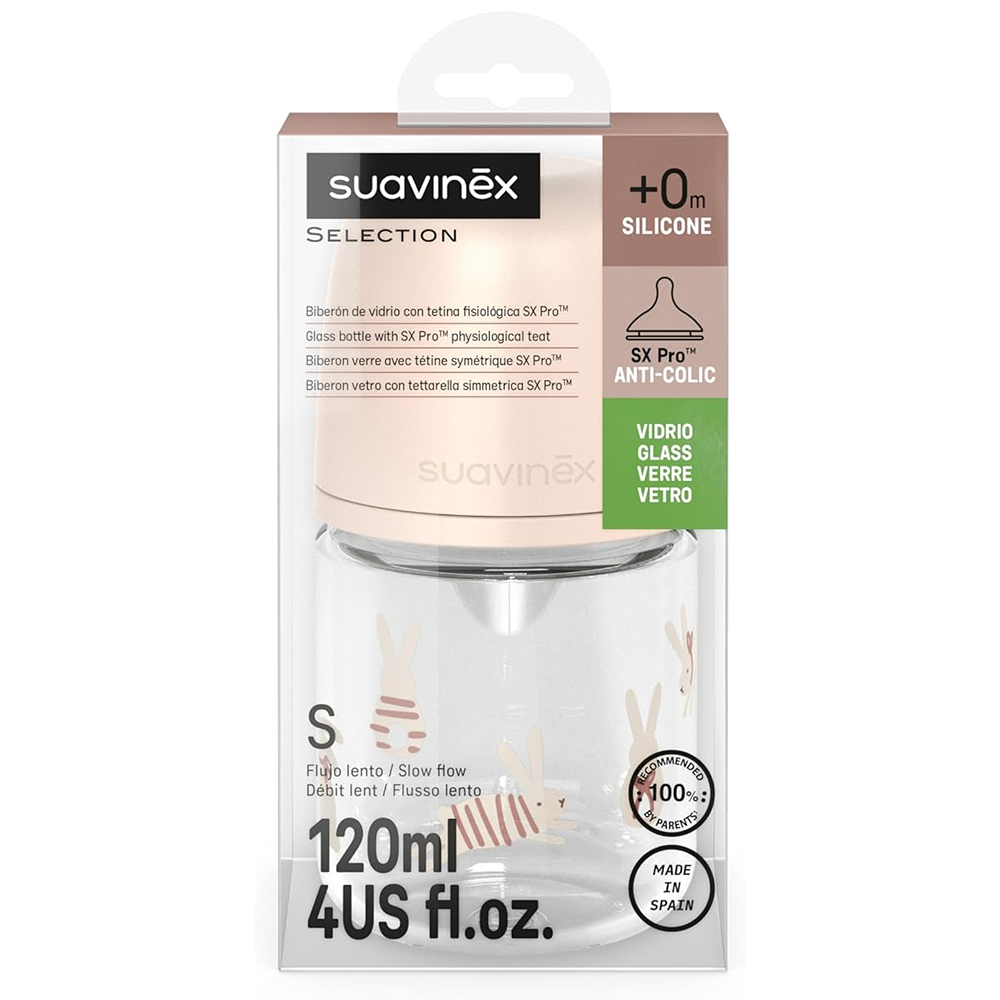 Suavinex Wonder Biberon In Vetro Tettarella In Silicone Flusso Lento Coniglio Rosa 120 ml 0+ Mesi