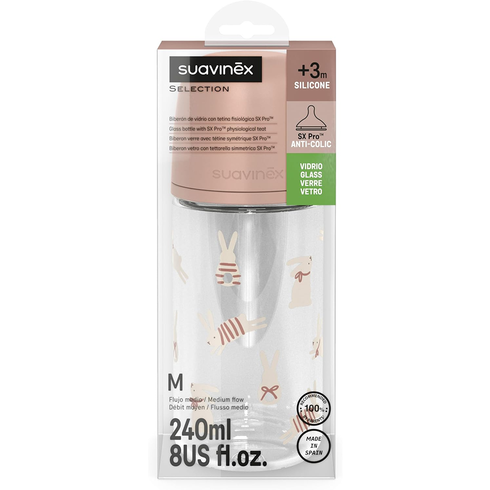 Suavinex Wonder Biberon In Vetro Tettarella In Silicone Flusso Medio Coniglio Rosa 240 ml 3+ Mesi