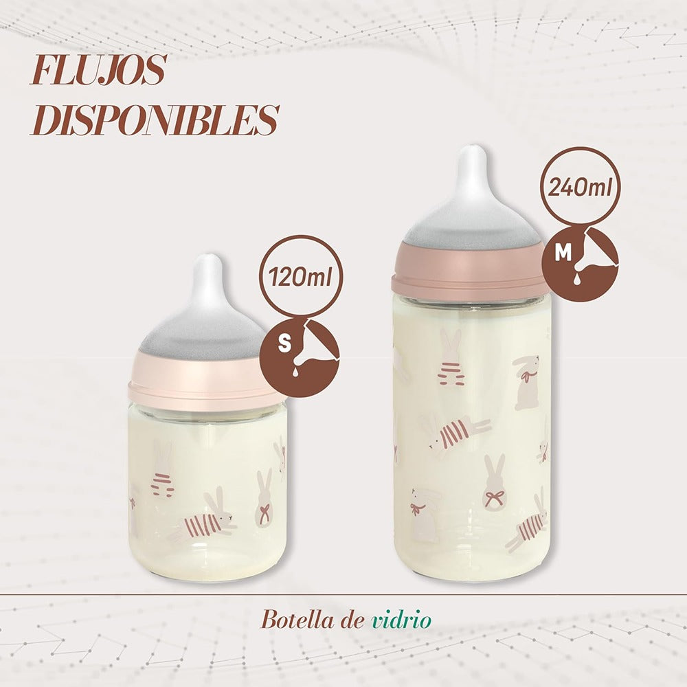 Suavinex Wonder Biberon In Vetro Tettarella In Silicone Flusso Lento Coniglio Rosa 120 ml 0+ Mesi