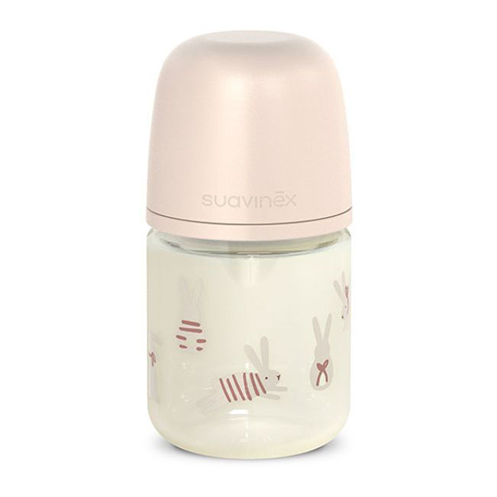 Suavinex Wonder Biberon In Vetro Tettarella In Silicone Flusso Lento Coniglio Rosa 120 ml 0+ Mesi