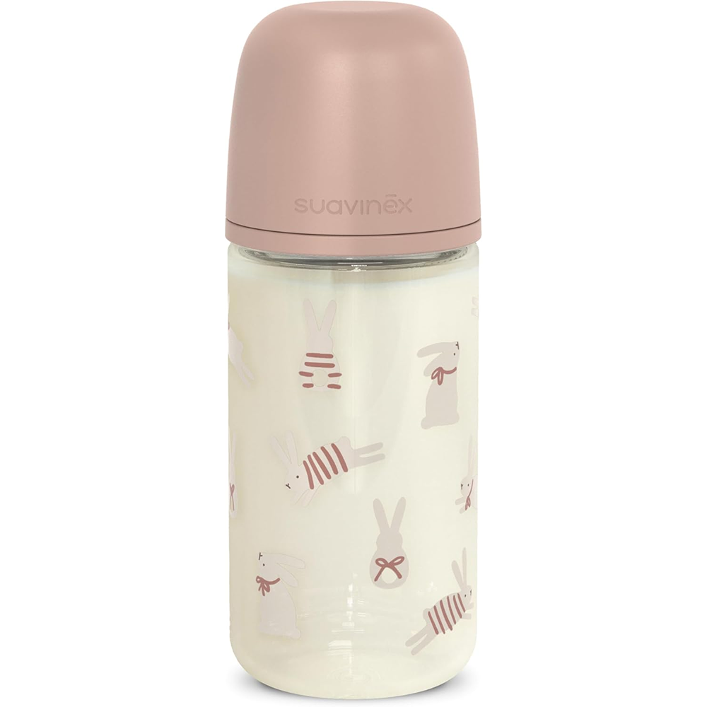Suavinex Wonder Biberon In Vetro Tettarella In Silicone Flusso Medio Coniglio Rosa 240 ml 3+ Mesi