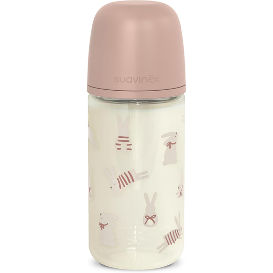 Suavinex Wonder Biberon In Vetro Tettarella In Silicone Flusso Medio Coniglio Rosa 240 ml 3+ Mesi