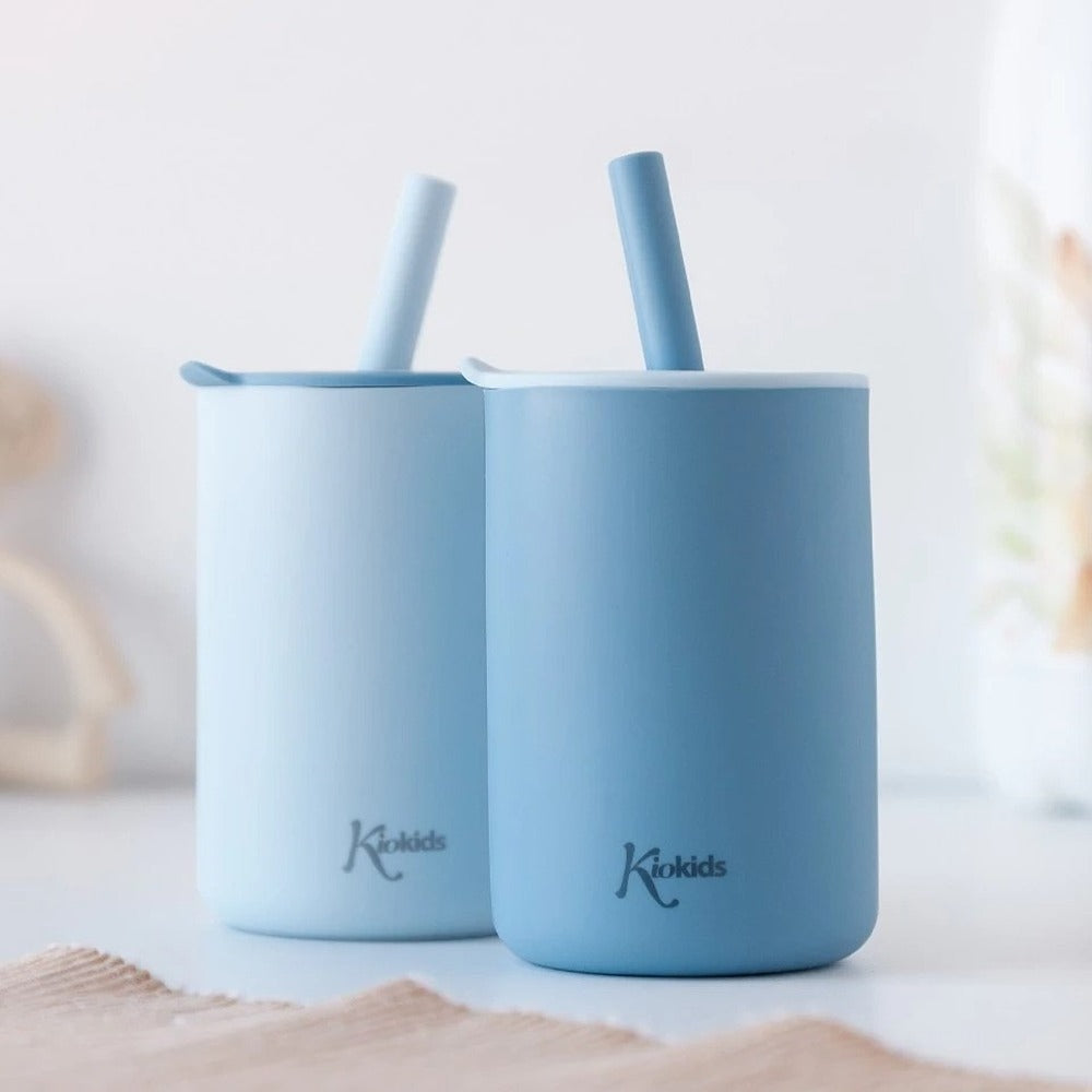 Kiokids Bicchieri In Silicone Con Cannuccia Blu 2 Pezzi