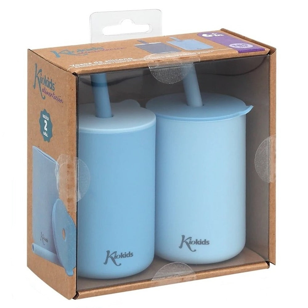 Kiokids Bicchieri In Silicone Con Cannuccia Blu 2 Pezzi