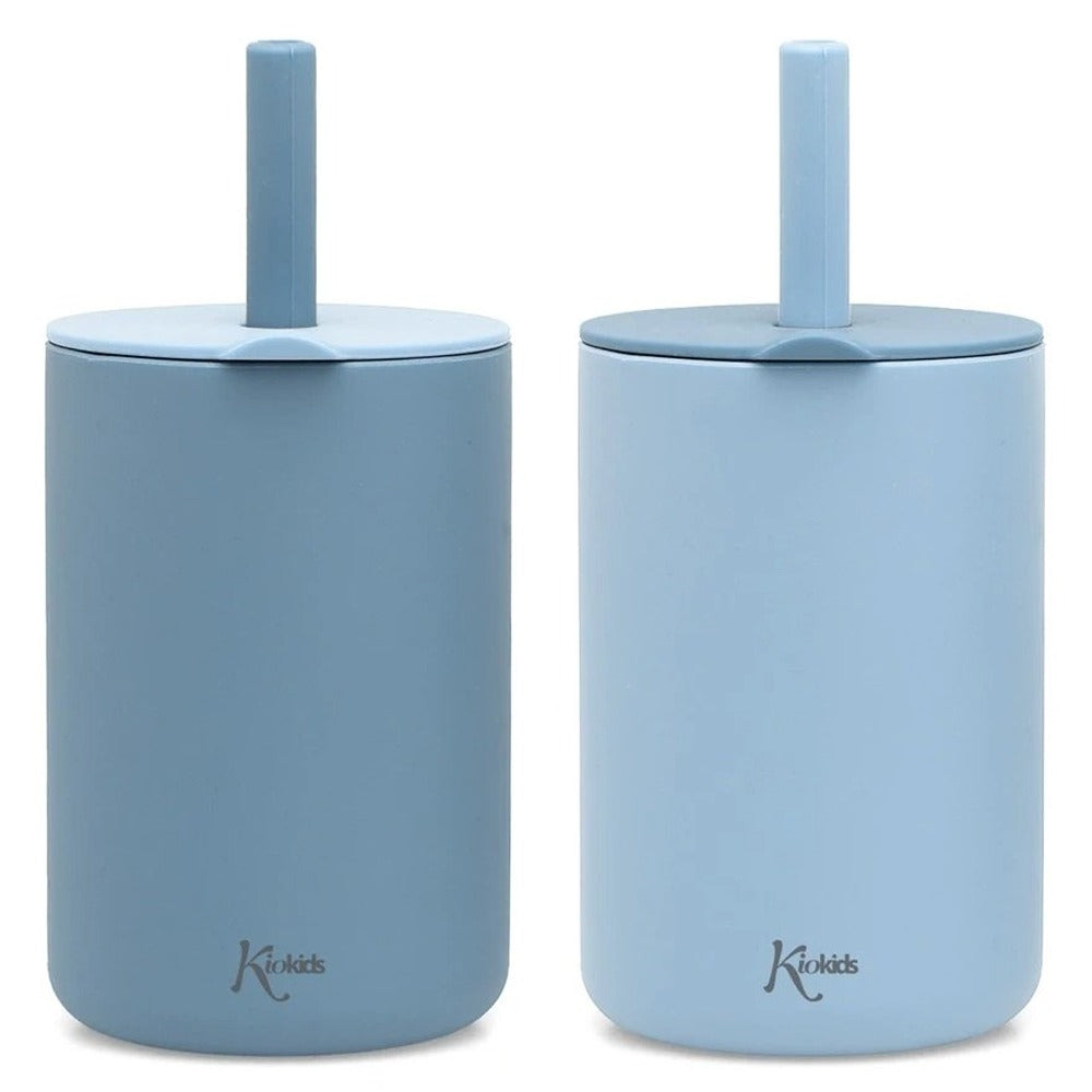 Kiokids Bicchieri In Silicone Con Cannuccia Blu 2 Pezzi