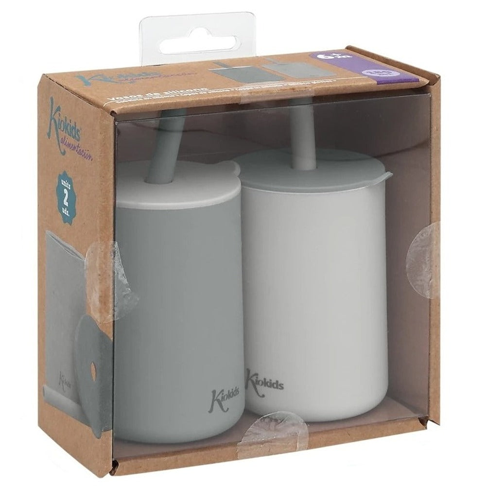 Kiokids Bicchieri In Silicone Con Cannuccia Grigio 2 Pezzi