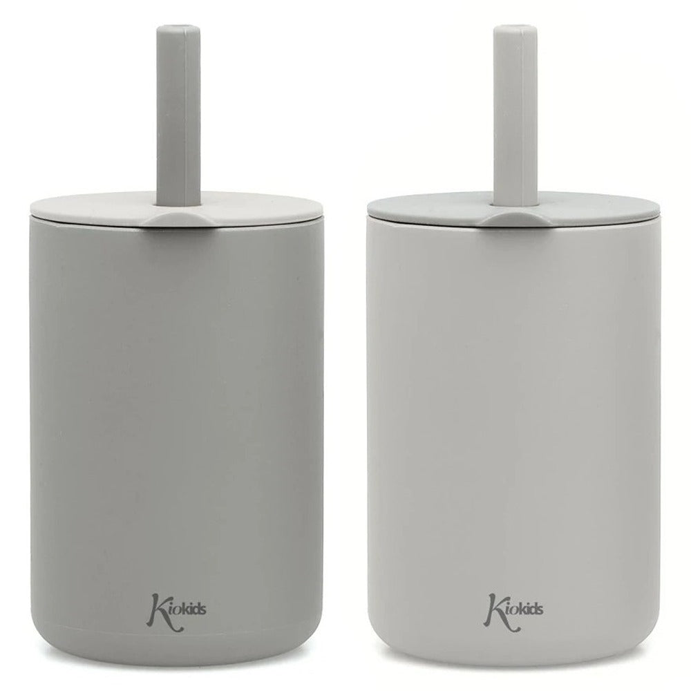 Kiokids Bicchieri In Silicone Con Cannuccia Grigio 2 Pezzi