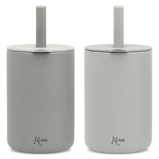 Kiokids Bicchieri In Silicone Con Cannuccia Grigio 2 Pezzi