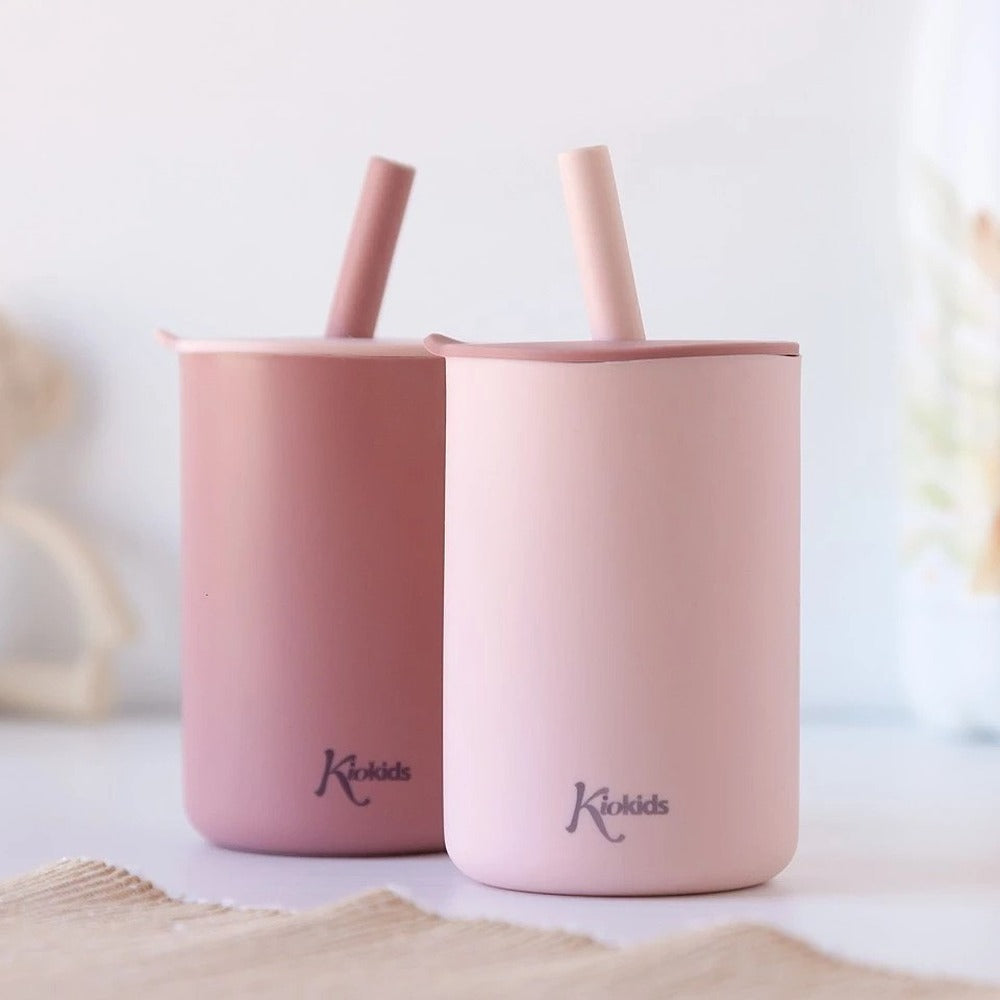 Kiokids Bicchieri In Silicone Con Cannuccia Rosa 2 Pezzi