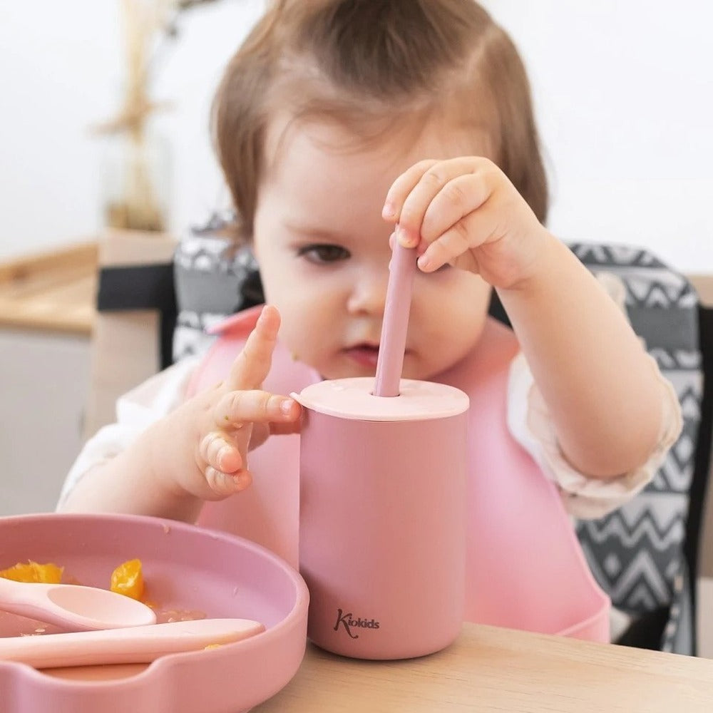 Kiokids Bicchieri In Silicone Con Cannuccia Rosa 2 Pezzi
