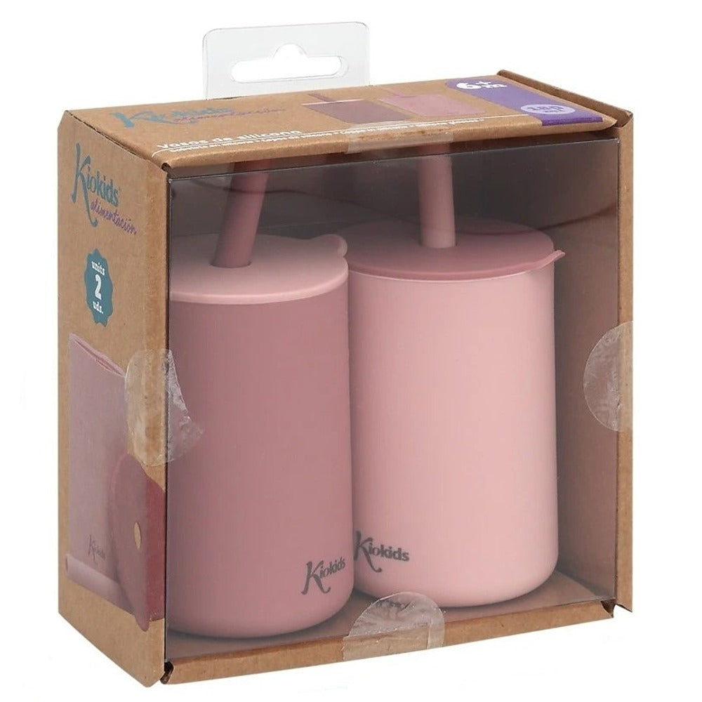 Kiokids Bicchieri In Silicone Con Cannuccia Rosa 2 Pezzi