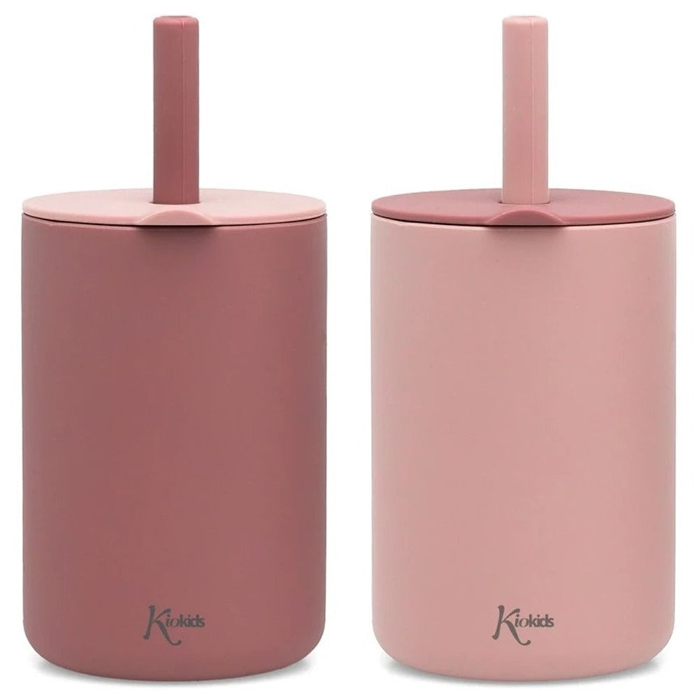 Kiokids Bicchieri In Silicone Con Cannuccia Rosa 2 Pezzi