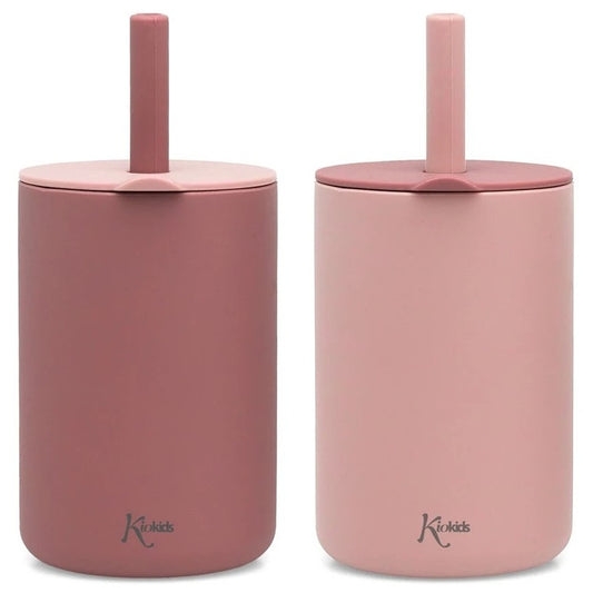 Kiokids Bicchieri In Silicone Con Cannuccia Rosa 2 Pezzi