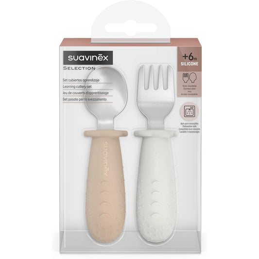 Suavinex Colour Essence Set Posate Evolutive In Acciaio Manico In Silicone Beige 6+ Mesi