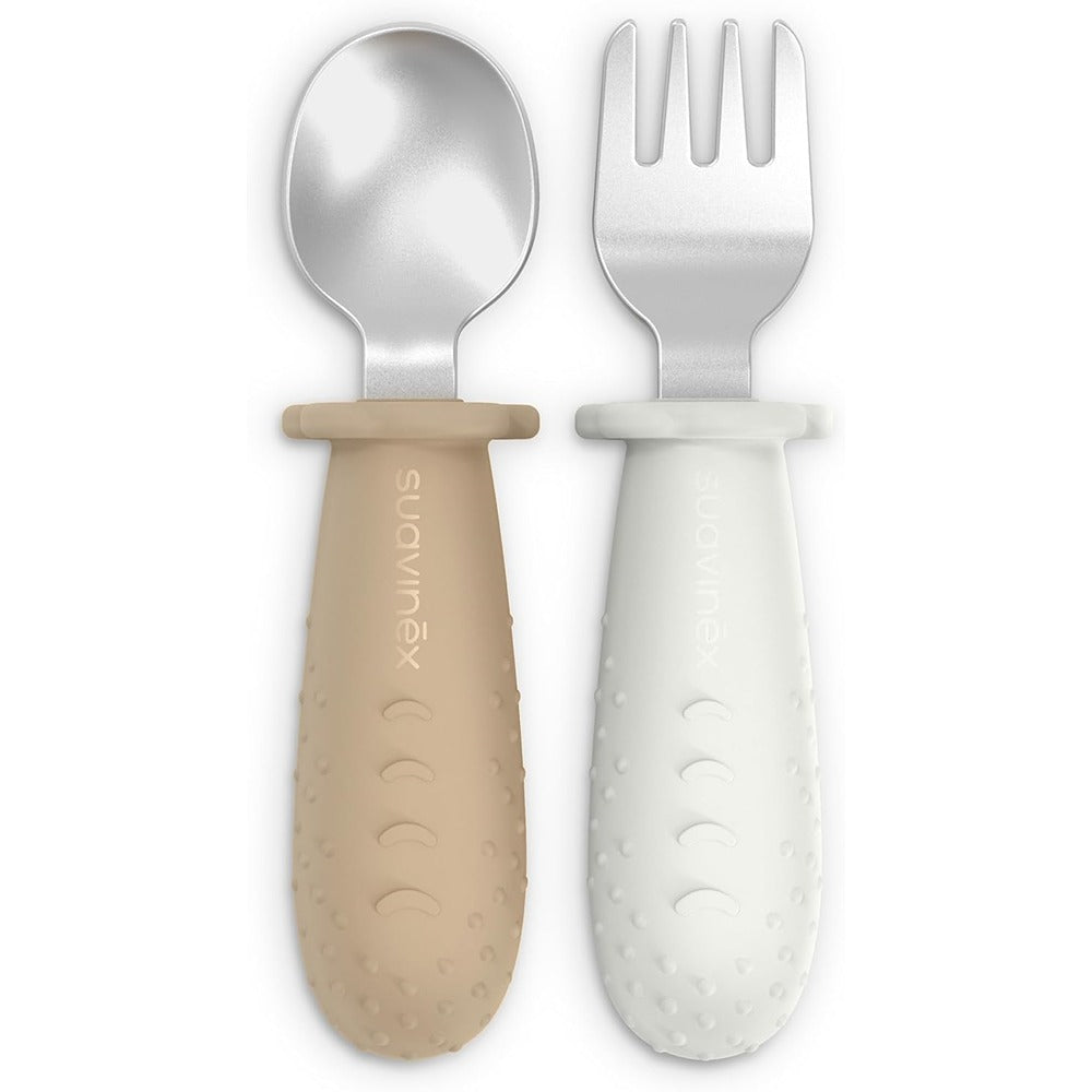 Suavinex Colour Essence Set Posate Evolutive In Acciaio Manico In Silicone Beige 6+ Mesi
