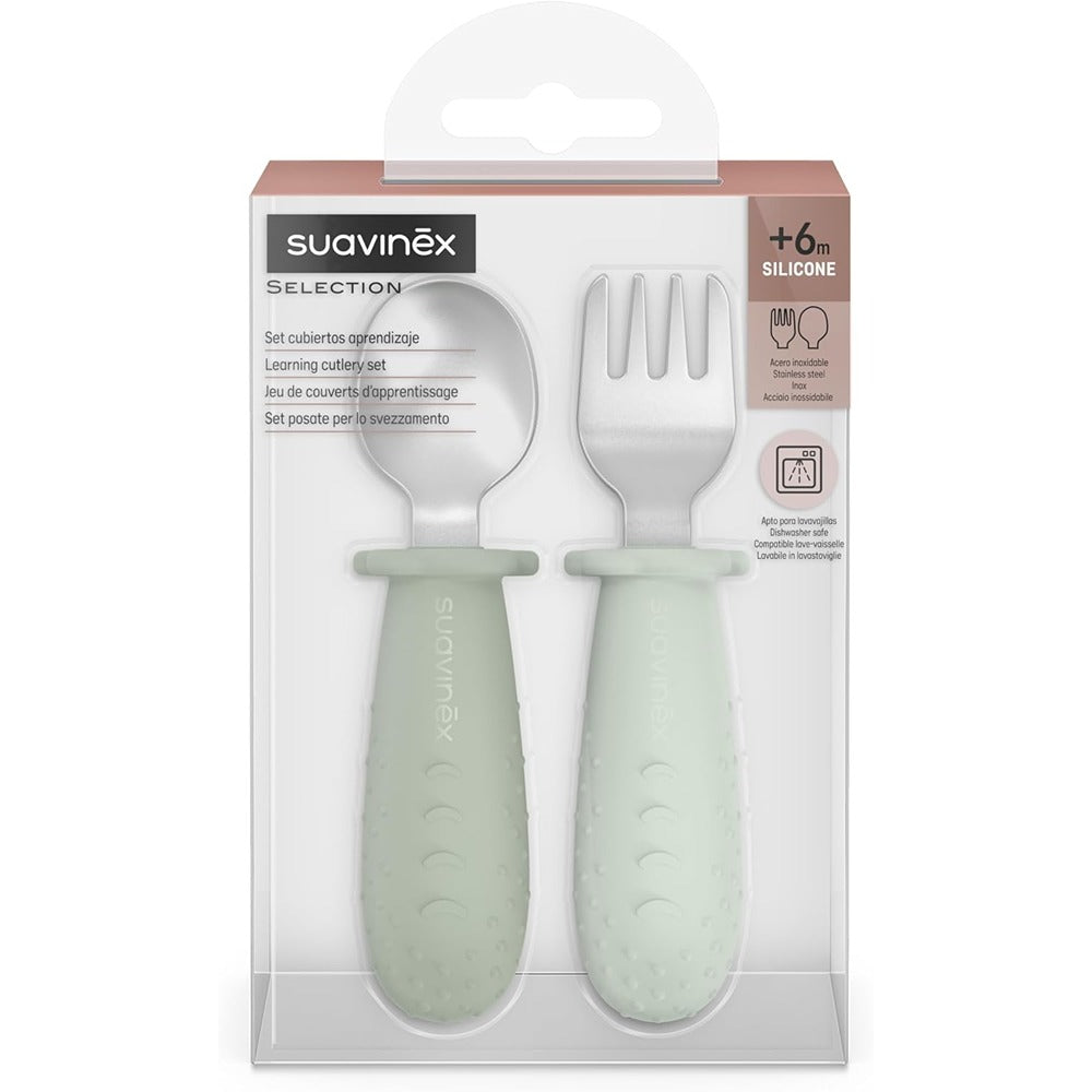Suavinex Colour Essence Set Posate Evolutive In Acciaio Manico In Silicone Verde 6+ Mesi