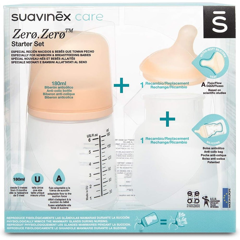 Suavinex Zero Zero Set Biberon Speciale Allattamento Tettarella In Silicone Flusso Adattabile + Ricambi 0+ Mesi