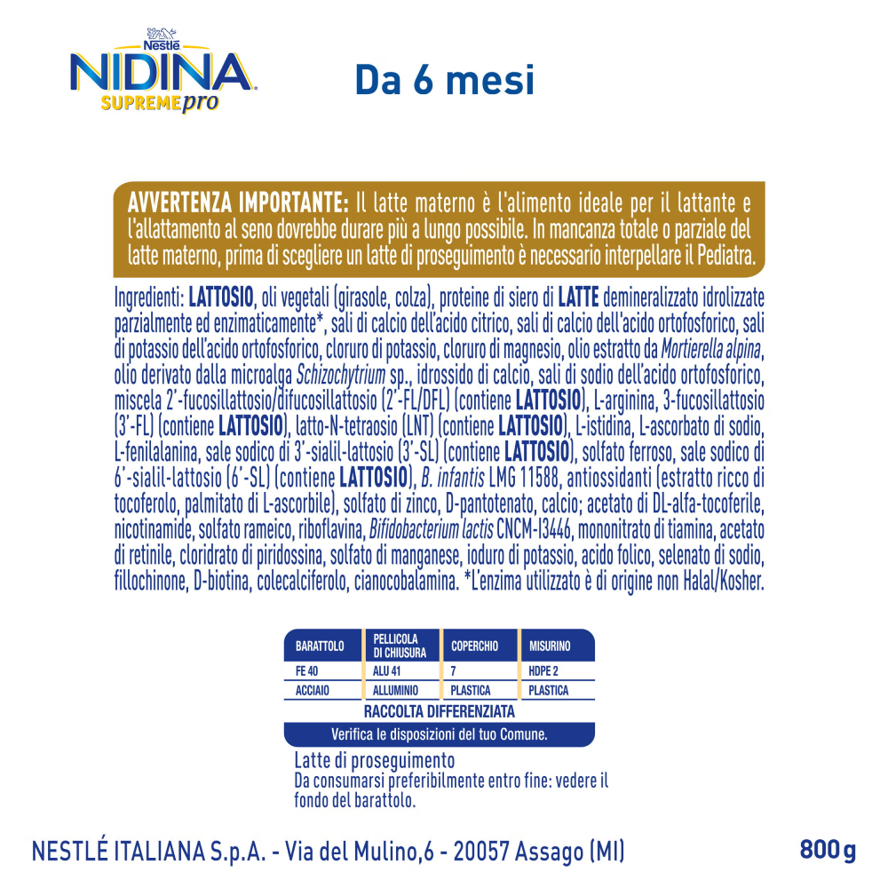 Nestlé Nidina Supreme Pro 2 Latte In Polvere Di Proseguimento 800 gr