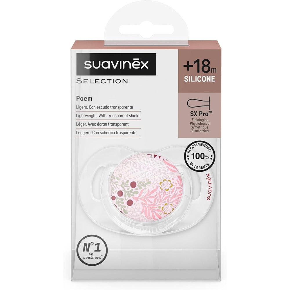 Suavinex Poetry Succhietto Tettarella Fisiologica Silicone SX Pro Rosa 18+ Mesi