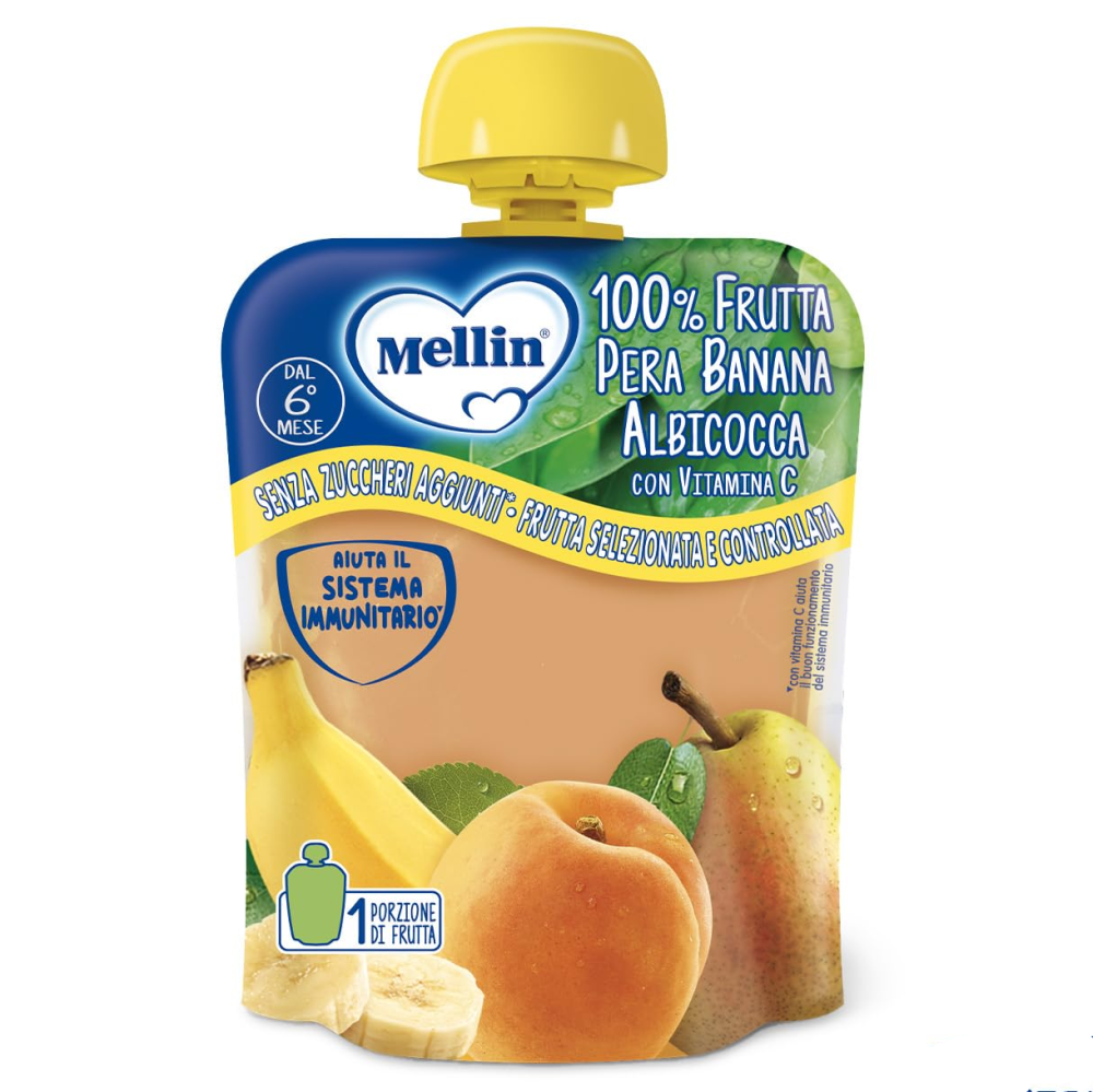 Mellin Pouch 100% Frutta Pera, Banana, Albicocca Con Vitamina C 90 gr