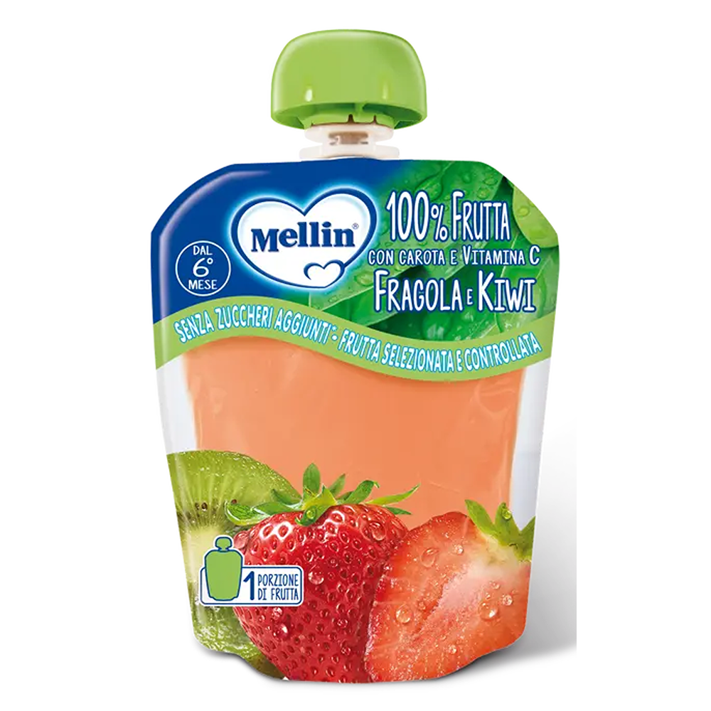 Mellin Pouch 100% Frutta Mela, Banana, Fragola, Kiwi E Carota Con Vitamina C 90 gr
