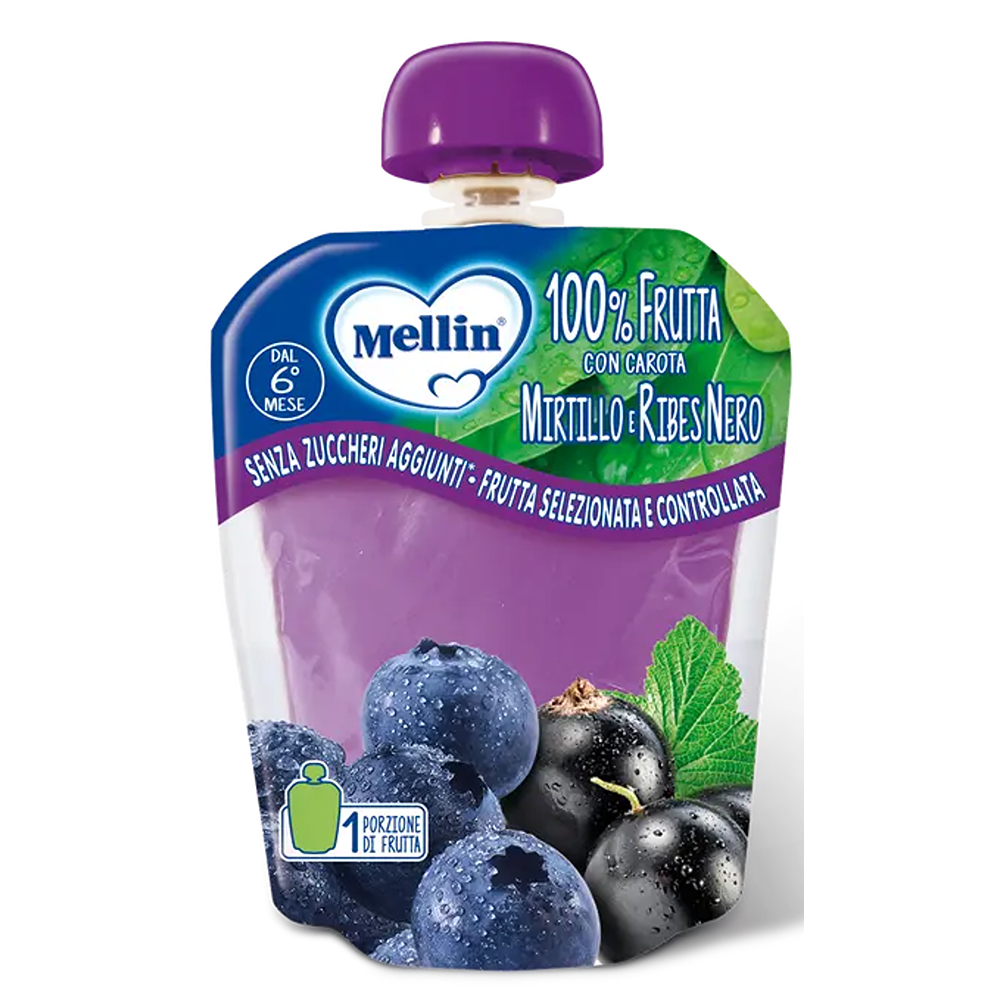Mellin Pouch 100% Frutta Mela, Banana, Mirtillo E Ribes Nero Con Vitamina C E Carota 90 gr