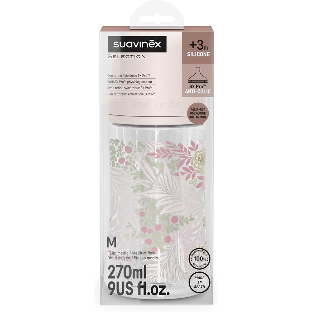 Suavinex Poetry Biberon Tettarella In Silicone Sx Pro Flusso Medio Rosa 270 ml 3+ Mesi