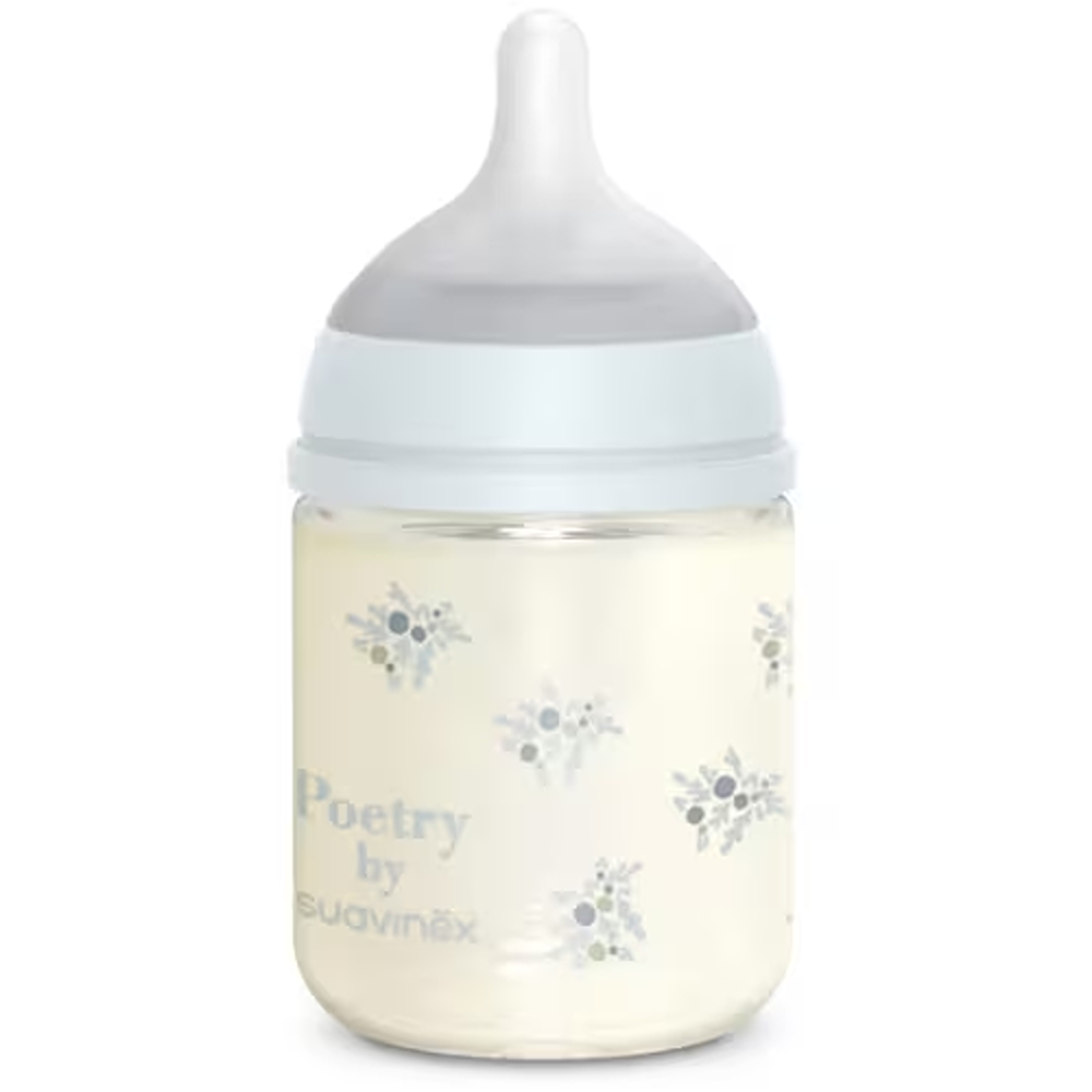 Suavinex Poetry Biberon In vetro Tettarella In Silicone Sx Pro Flusso Lento Azzurro 120 ml 0+ Mesi