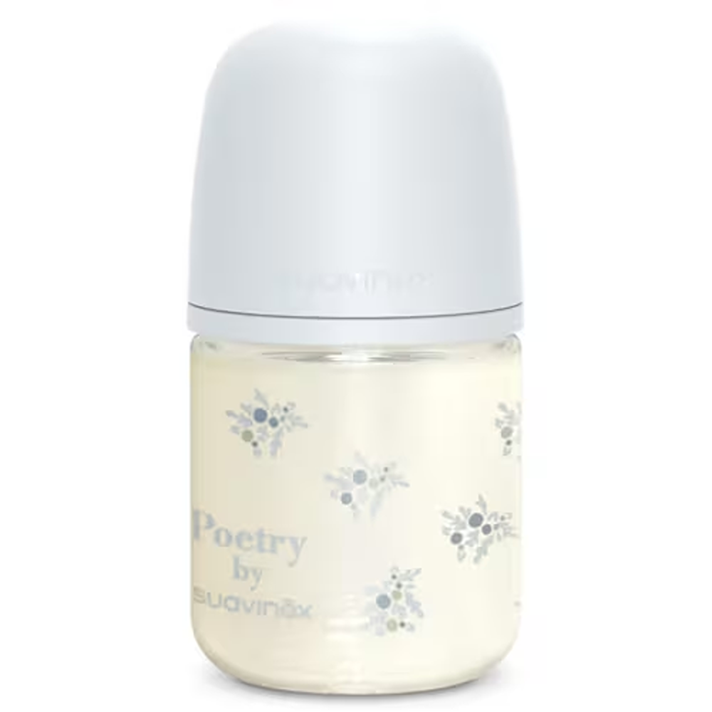 Suavinex Poetry Biberon In vetro Tettarella In Silicone Sx Pro Flusso Lento Azzurro 120 ml 0+ Mesi