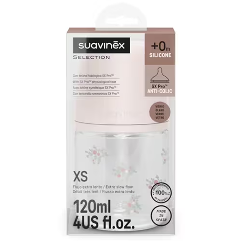 Suavinex Poetry Biberon In vetro Tettarella In Silicone Sx Pro Flusso Lento Rosa 120 ml 0+ Mesi