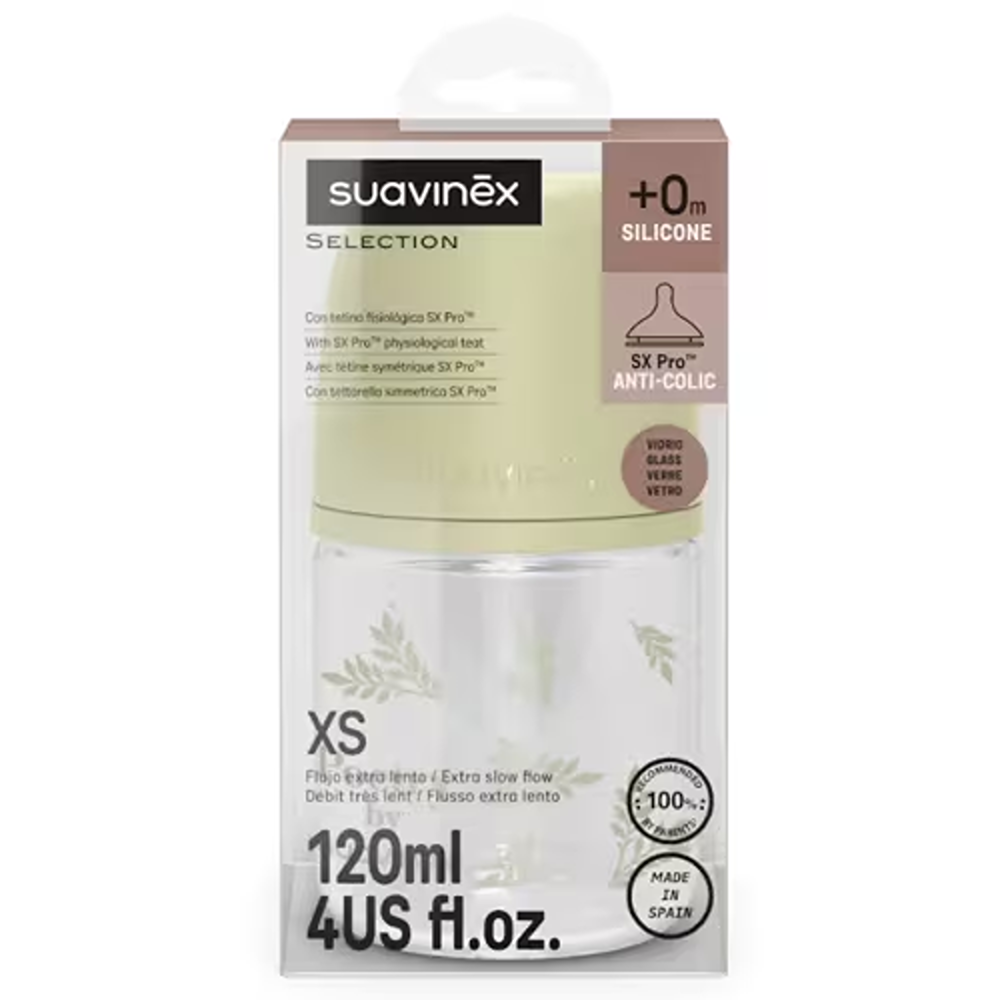 Suavinex Poetry Biberon In vetro Tettarella In Silicone Sx Pro Flusso Lento Verde 120 ml 0+ Mesi