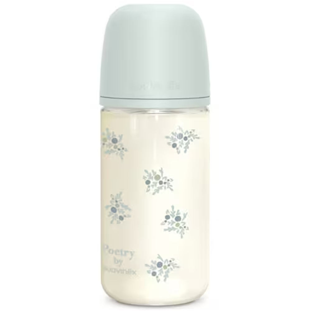 Suavinex Poetry Biberon In vetro Tettarella In Silicone Sx Pro Flusso Medio Azzurro 240 ml 3+ Mesi