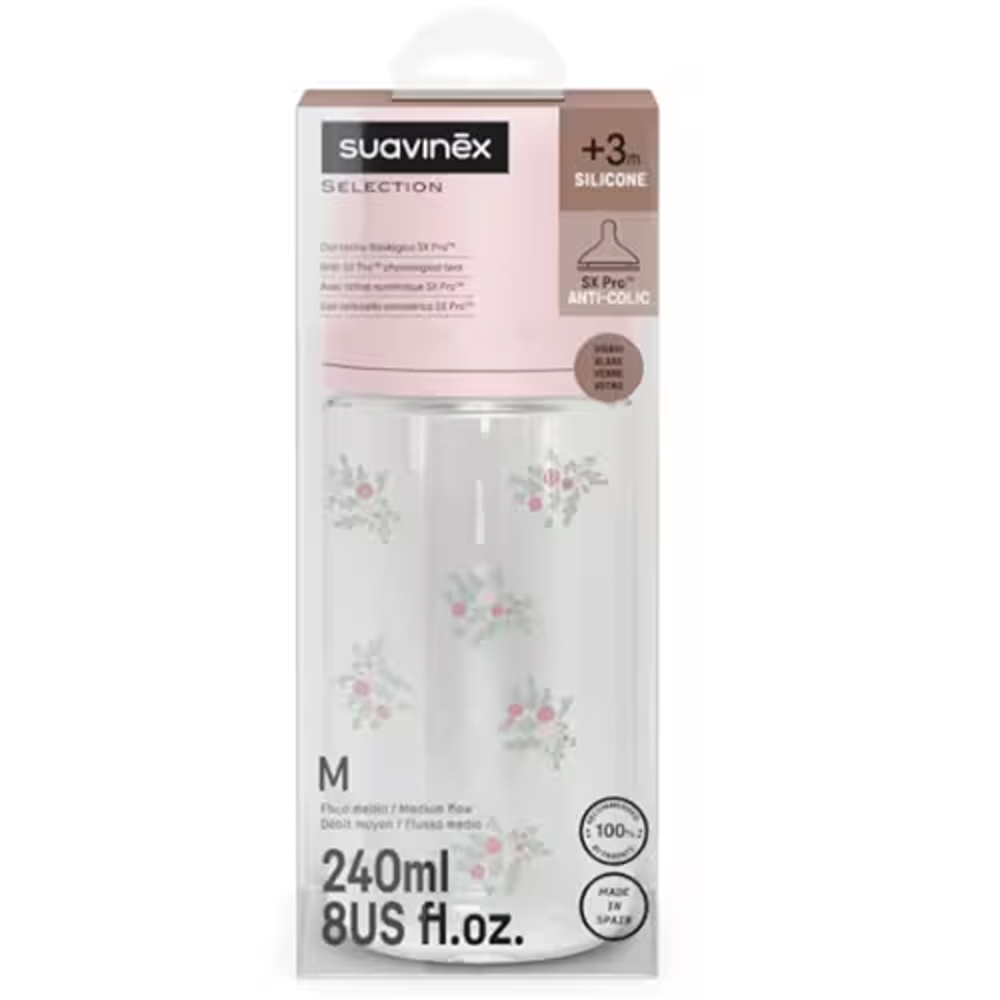 Suavinex Poetry Biberon In vetro Tettarella In Silicone Sx Pro Flusso Medio Rosa 240 ml 3+ Mesi