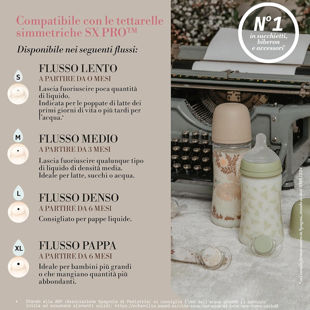 Suavinex Poetry Biberon Tettarella In Silicone Sx Pro Flusso Denso Beige 360 ml 6+ Mesi