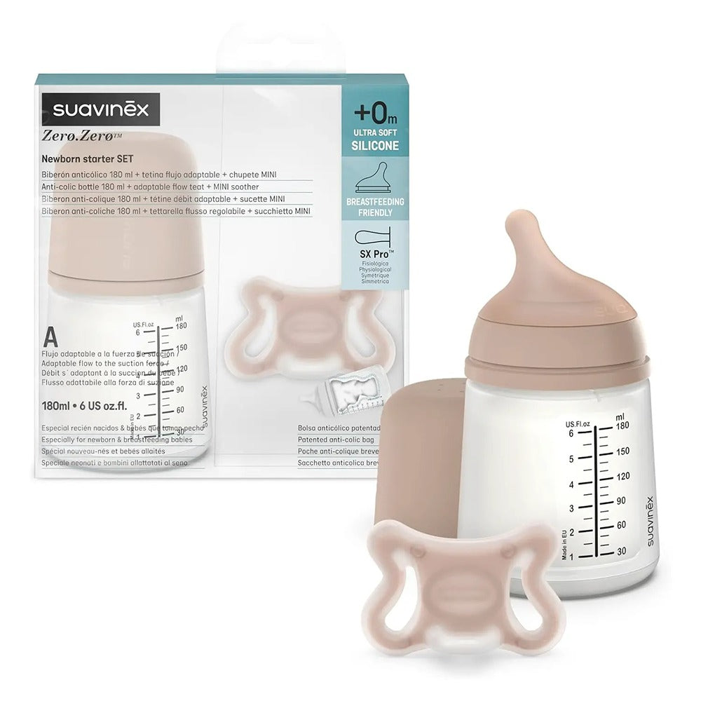 Suavinex Zero Zero Set Biberon Neonato Leggero Flusso Adattabile 180 ml + Ciuccio 0+ Mesi Light