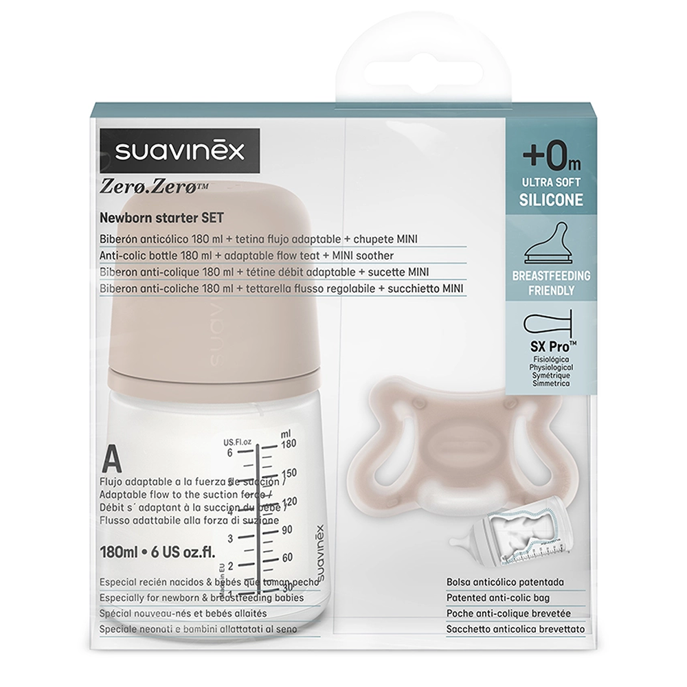 Suavinex Zero Zero Set Biberon Neonato Leggero Flusso Adattabile 180 ml + Ciuccio 0+ Mesi Medium