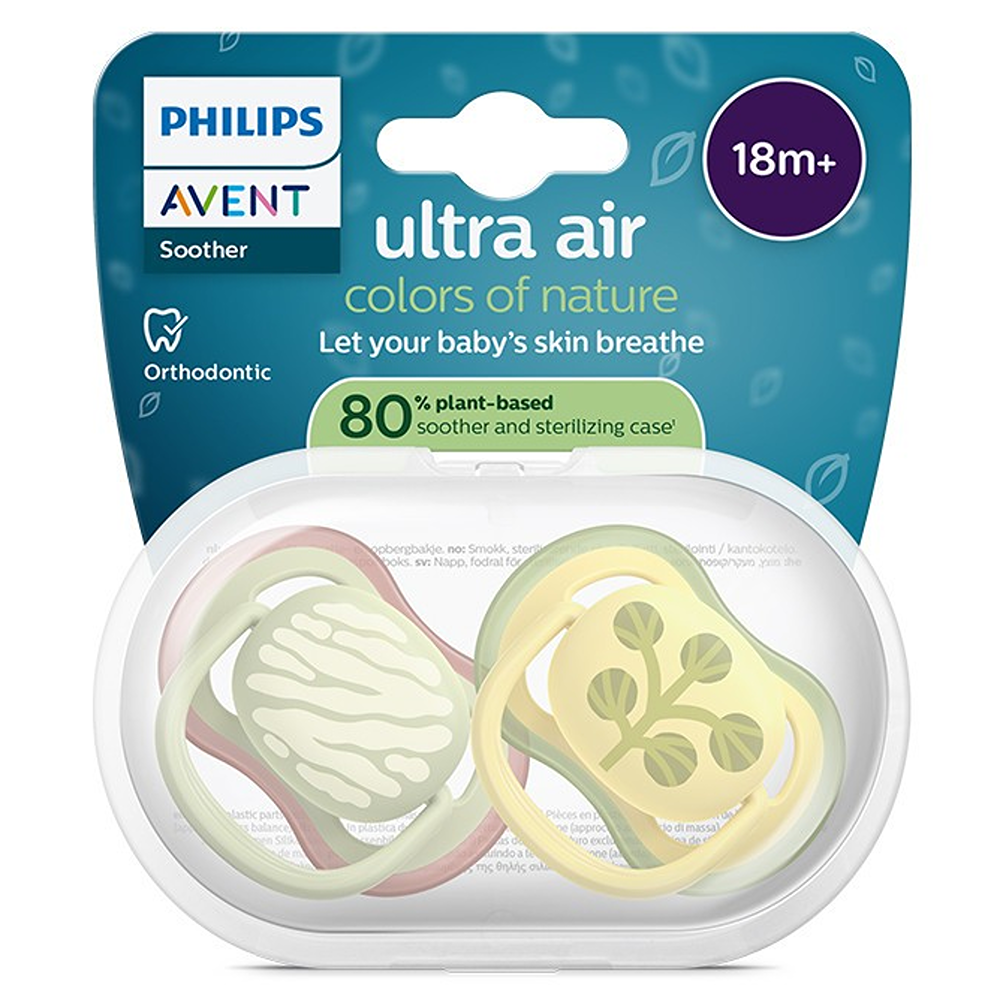 Philips Avent Ultra Colors Of Nature Succhietti Ortodontici Verde E Giallo Con Foglie 18+ Mesi 2 Pezzi
