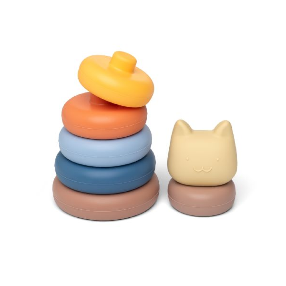 Little L Gioco Scomponibile In Silicone Torre Con Gatto Beige E Blu