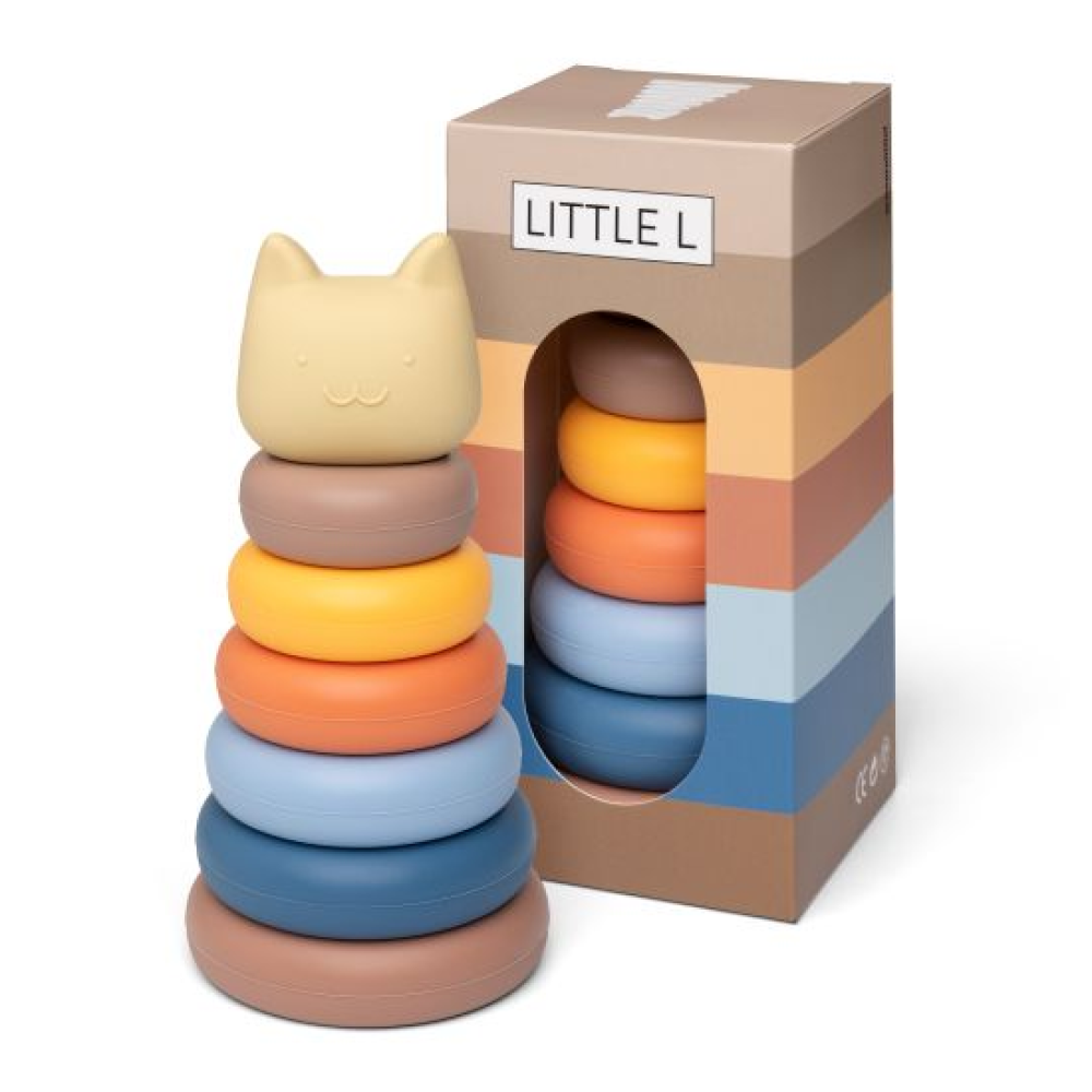 Little L Gioco Scomponibile In Silicone Torre Con Gatto Beige E Blu