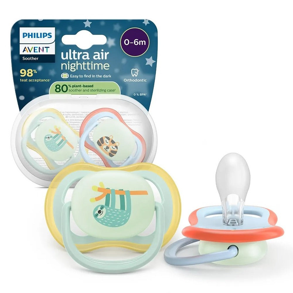 Philips Avent Ultra Air Nighttime Succhietti Ortodontici Bradipo E Tigre 0-6 Mesi 2 Pezzi