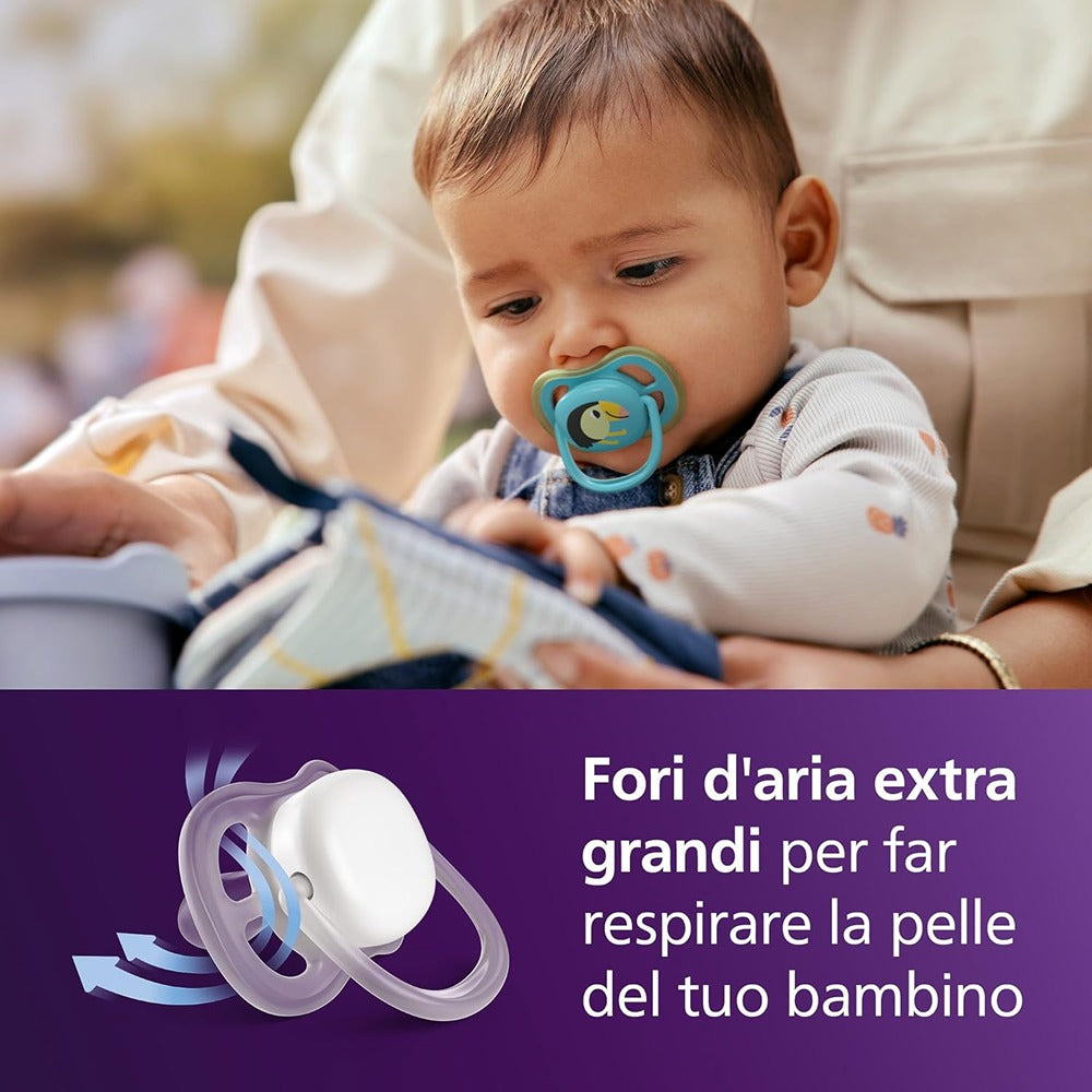 Philips Avent Ultra Air Nighttime Succhietti Ortodontici Camaleonte E Scimmia 6-18 Mesi 2 Pezzi