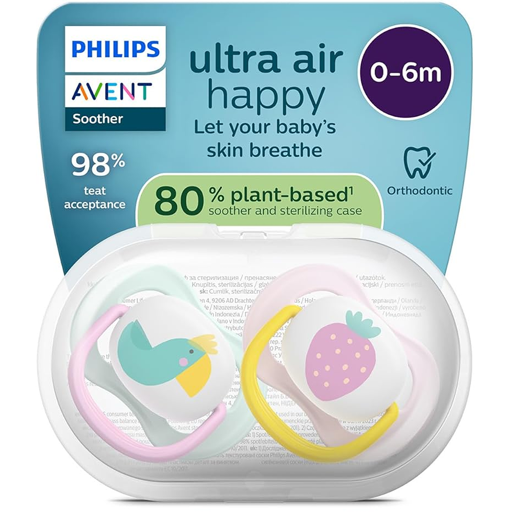Philips Avent Ultra Air Succhietti Ortodontici Uccellino E Fragola 0-6 Mesi 2 Pezzi