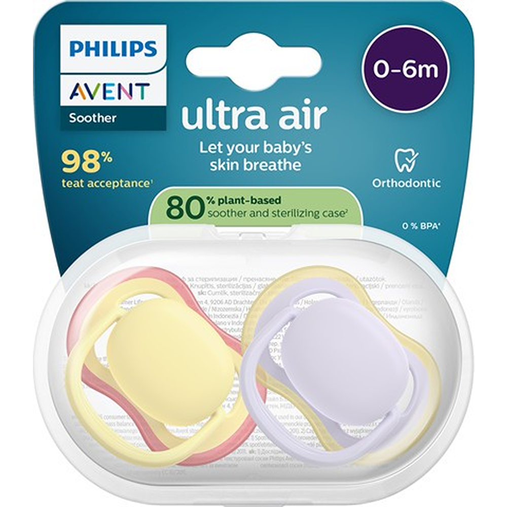 Philips Avent Ultra Air Succhietti Ortodontici Giallo E Viola 0-6 Mesi 2 Pezzi
