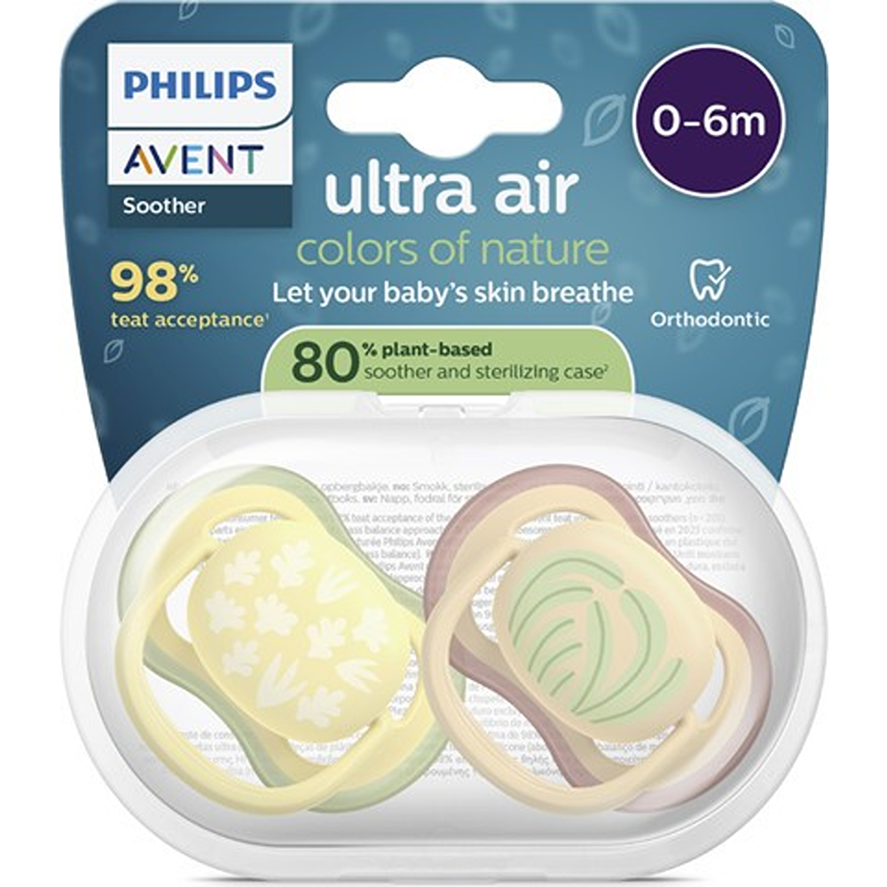Philips Avent Ultra Air Colors Of Nature Succhietti Ortodontici Giallo E Arancione Con Foglie 0-6 Mesi 2 Pezzi